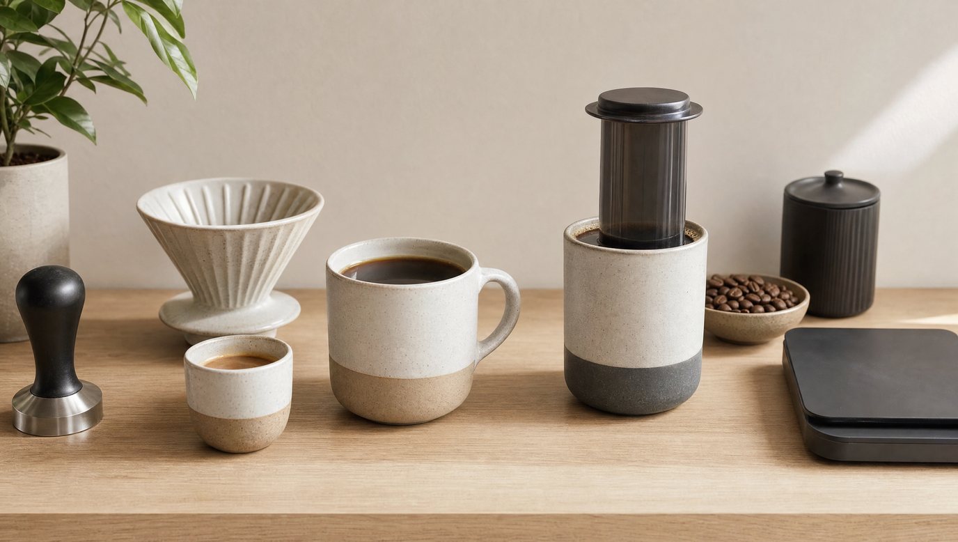 A pour-over dripper, an AeroPress, a tamper and two coffee cups on a light oak counter against a pale wall