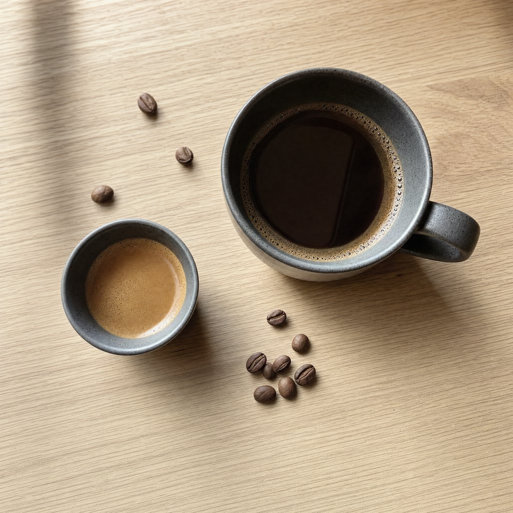 A double espresso in a small cup beside a mug of filter coffee on a light oak surface with scattered coffee beans