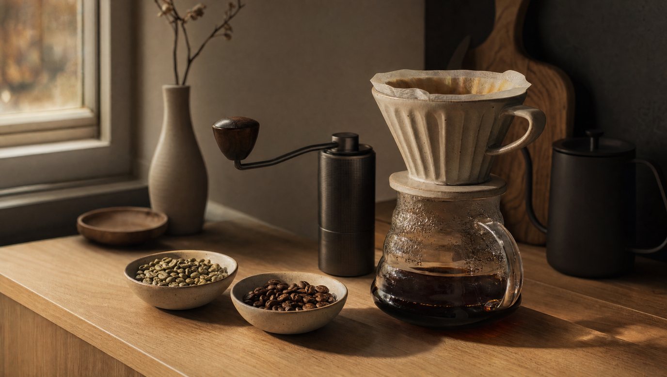 A hand grinder, a pour-over dripper on a glass carafe and small bowls of coffee beans on a wooden counter by a window