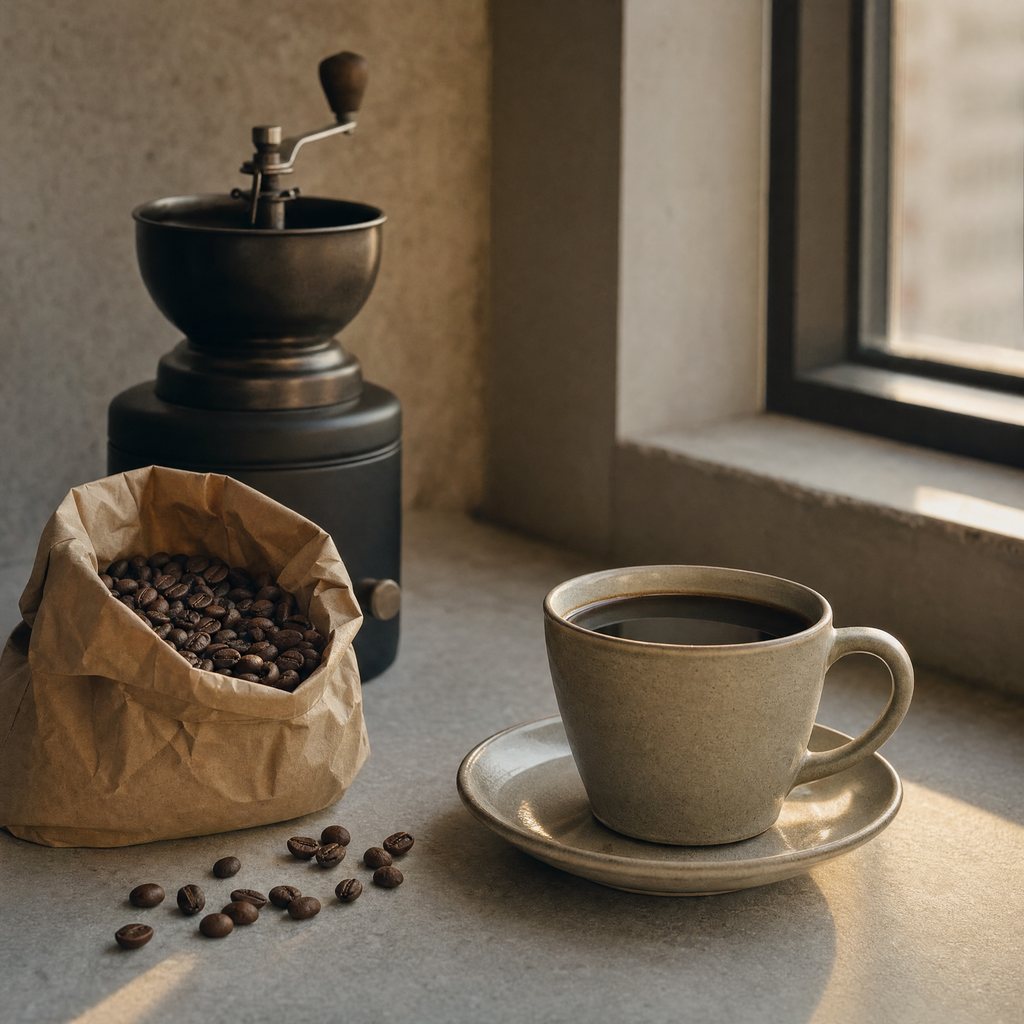 A cup of coffee on a saucer beside an open paper bag of roasted beans with a burr grinder behind it in evening light