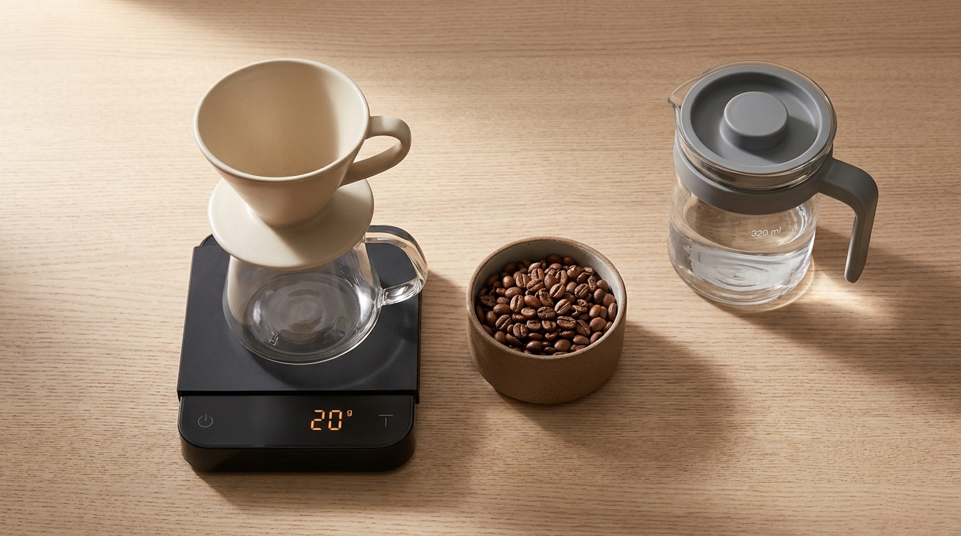 Top down minimal pour over setup with ceramic dripper on a scale reading 20 g beside a small bowl of measured beans and 320 ml jug in warm ground and gauge tones illustrating pour over coffee ratio
