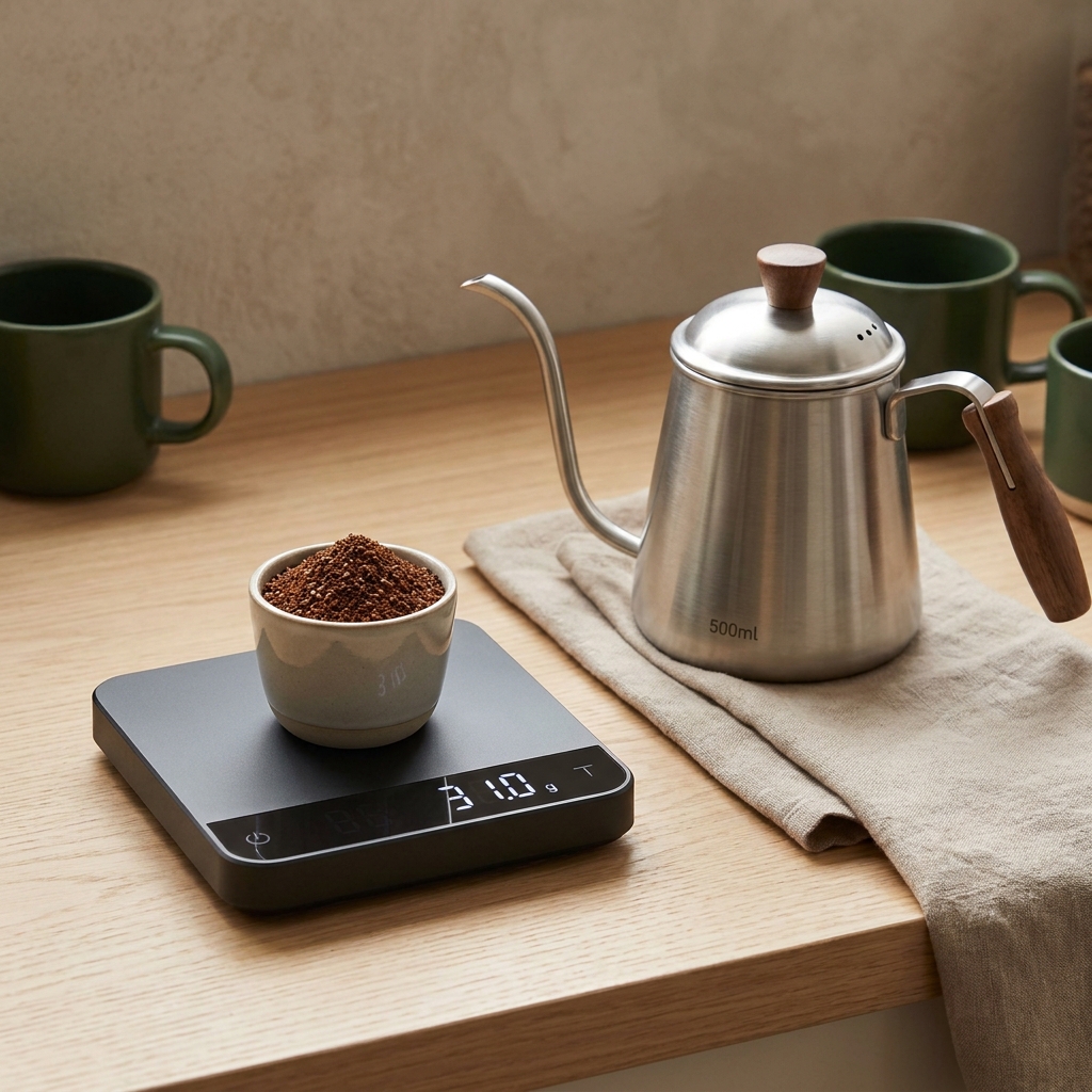 Close up of 31 g ground coffee on a digital scale beside a 500 ml kettle in a warm minimalist Ground and Gauge workspace illustrating pour over coffee ratio precision