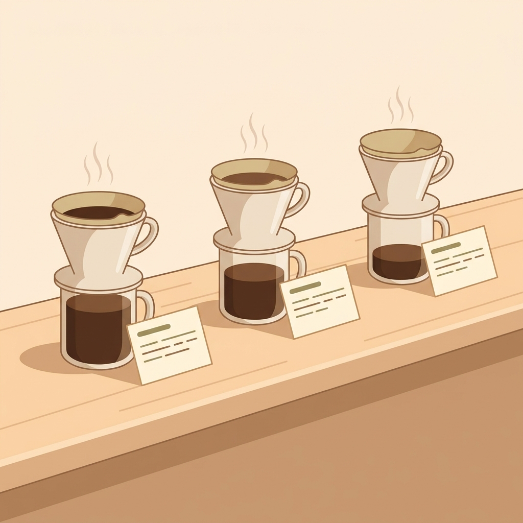Minimalist 2D vector side view of three pour over cups illustrating pour over coffee ratio with visual markers for 1 to 15 1 to 16 1 to 17 and small notecards indicating grams and tasting notes without legible text