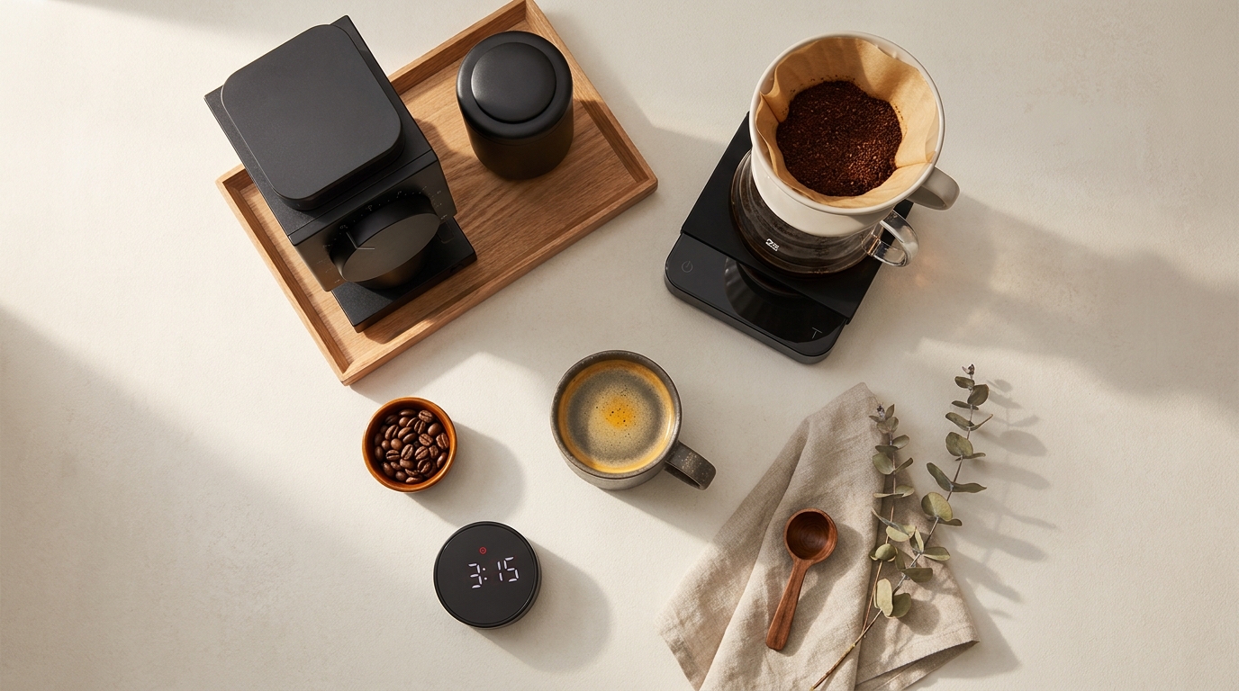 Minimalist full frame flatlay of a home coffee brewing workspace with burr grinder scale timer pour over cup in warm tones coffee grinder burr vs blade