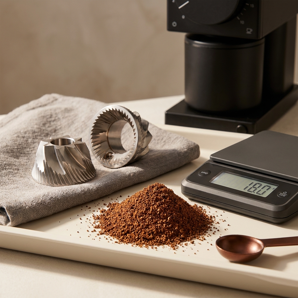 Close up of stainless steel grinder burrs and a mostly uniform pile of ground coffee with a digital scale showing dose next to a grinder fragment in brand colors coffee grinder burr vs blade
