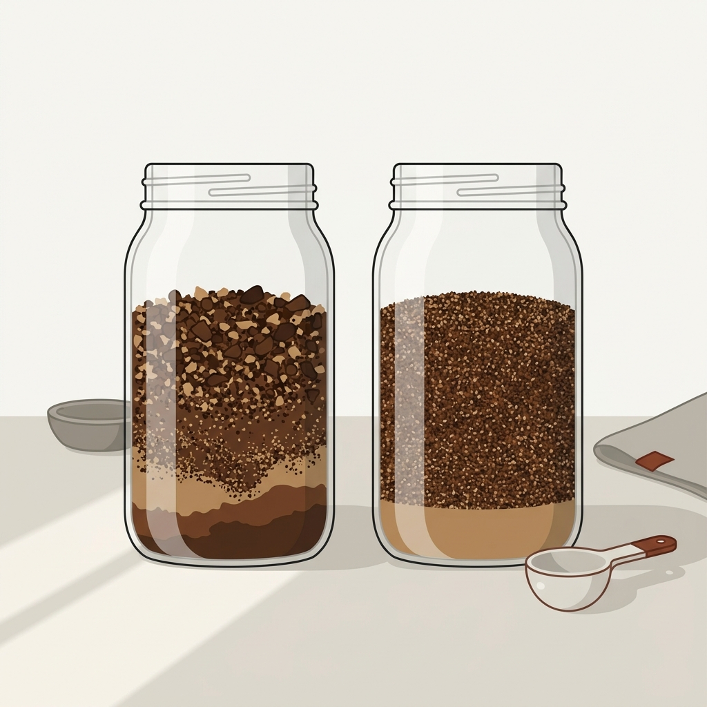 Minimalist 2D vector illustration of two clear jars comparing settled coffee grounds blade and burr samples under natural light on a pale background coffee grinder burr vs blade