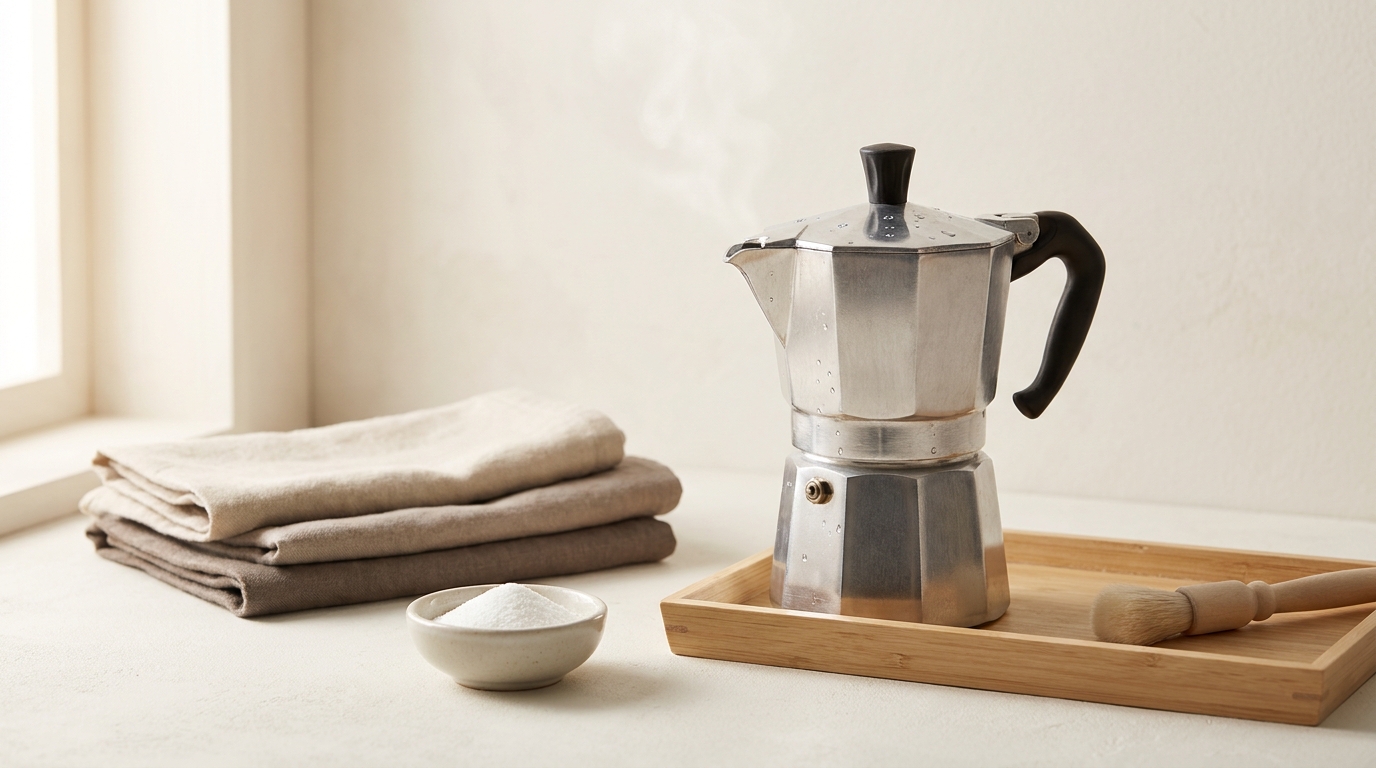 Editorial still life of a clean aluminium moka pot next to a small bowl of citric acid powder soft folded towels and a wooden tray on a pale warm background showing how to clean a moka pot