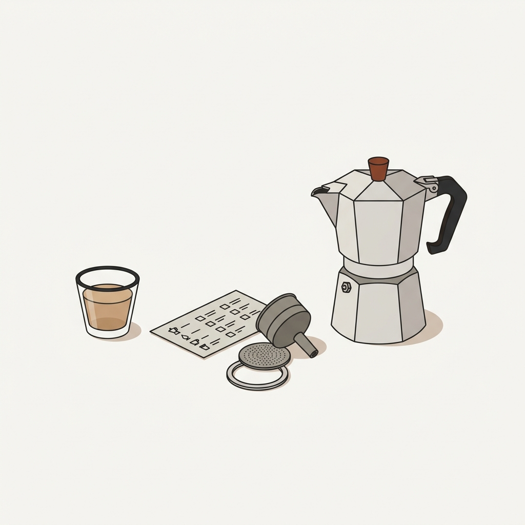 Minimal 2D vector scene of a clean reassembled stainless steel moka pot beside a small cup of brewed test water and a tidy maintenance checklist on a soft cream background how to clean a moka pot