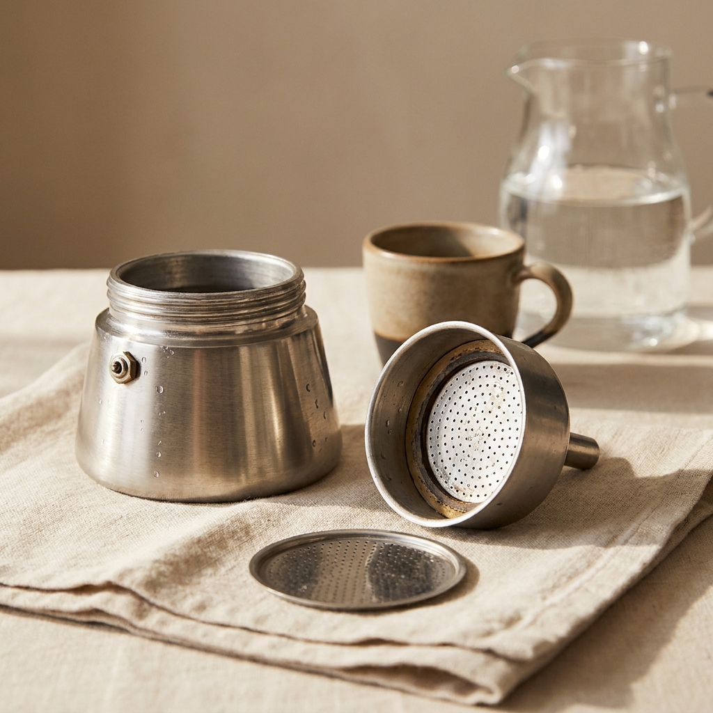 Close up of disassembled stainless steel moka pot on light linen towel showing boiler funnel and gasket with soft focus glass water pitcher nearby in warm minimal coffee workspace how to clean a moka pot
