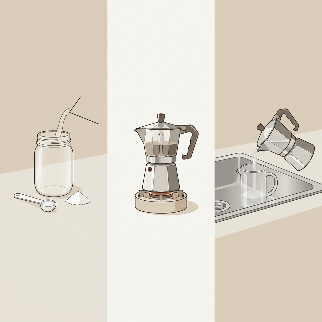 Minimal three panel vector illustration showing mixing citric acid powder into water running a brew cycle in a moka pot and pouring clear rinse water how to clean a moka pot