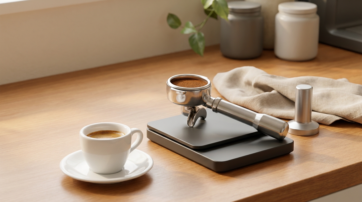 Minimalist espresso scene with white cup on saucer and a portafilter on a scale on a warm wooden counter demonstrating coffee scale accuracy espresso with soft directional light and neutral brand palette
