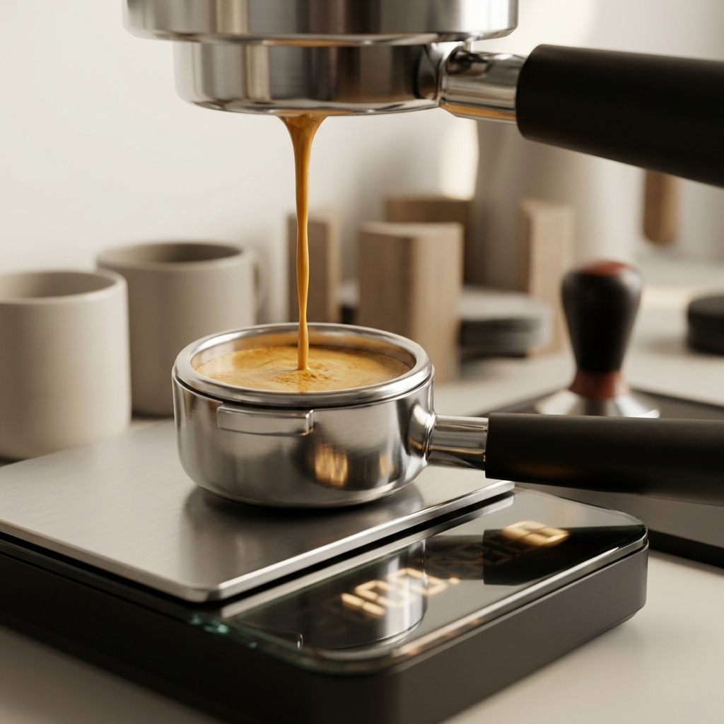 Close up of a digital coffee scale with a portafilter on the platform as espresso pours from the group head scale display shows active illuminated segments implying weight change no visible numbers coffee scale accuracy espresso