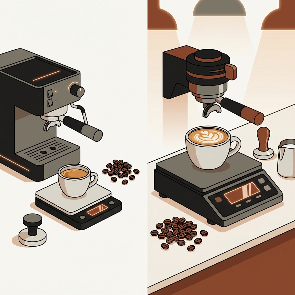 Minimalist 2D vector side by side illustration of a home espresso setup and a cafe counter highlighting different scale platform sizes and readable displays coffee scale accuracy espresso
