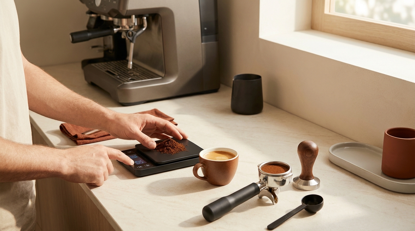 Barista weighing coffee grounds on a compact scale beside an espresso machine in a minimalist warm workspace with a single espresso cup and tamping tools highlighting coffee scale accuracy espresso