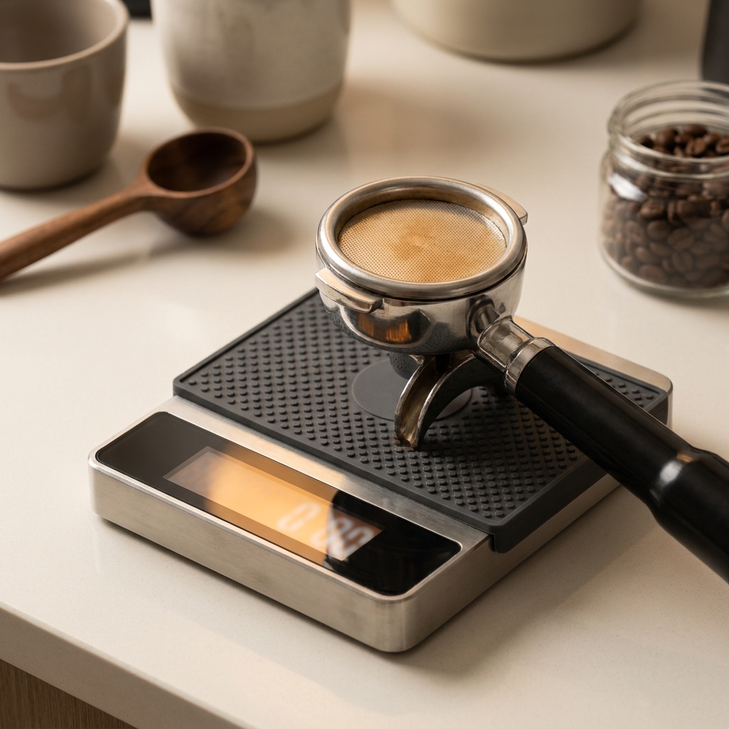 Close up of a compact coffee scale and espresso portafilter on a non slip mat on a clean cream counter under soft natural light with Ground and Gauge palette accents coffee scale accuracy espresso