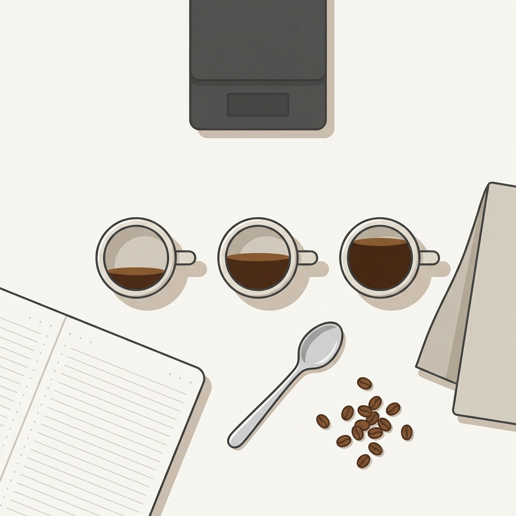 Flat lay 2D vector illustration of three small espresso cups with varied fill levels beside an open notebook with logged marks and an unlabelled scale on a neutral background illustrating coffee scale accuracy espresso