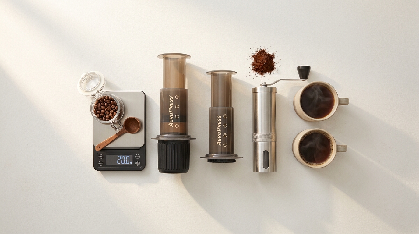 Overhead full frame image of AeroPress XL and original AeroPress with grinder scale and two 8 ounce cups on a warm Ground and Gauge palette background aeropress coffee grind size