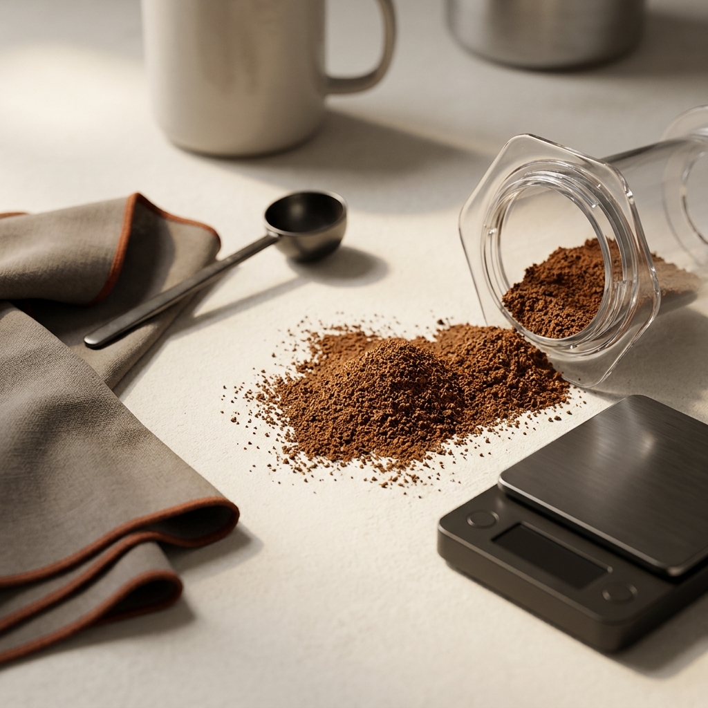 Close up of medium fine coffee grounds next to an Aeropress chamber and compact scale on a warm minimal surface with doses shown aeropress coffee grind size