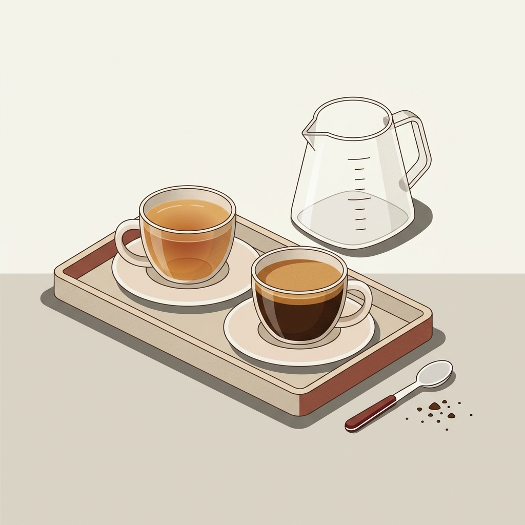 Two poured 8 oz cups side by side showing a lighter diluted concentrate and a darker fresh press with a clear measuring carafe on a warm minimalist workspace aeropress coffee grind size