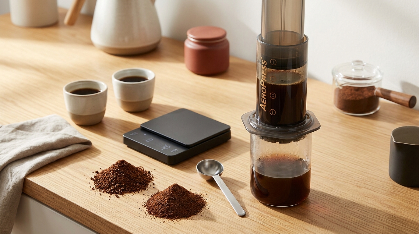 AeroPress mid brew on a warm wooden counter with two small tasting cups a scale and two neat piles of medium and fine grounds illustrating aeropress coffee grind size