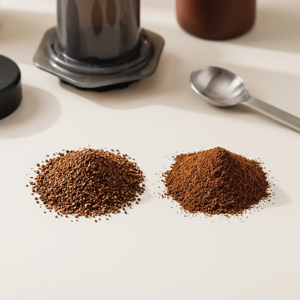 Close full frame overhead photo of medium and fine coffee grounds side by side on a neutral F8F7F3 surface with an AeroPress and spoon softly blurred in the background illustrating aeropress coffee grind size