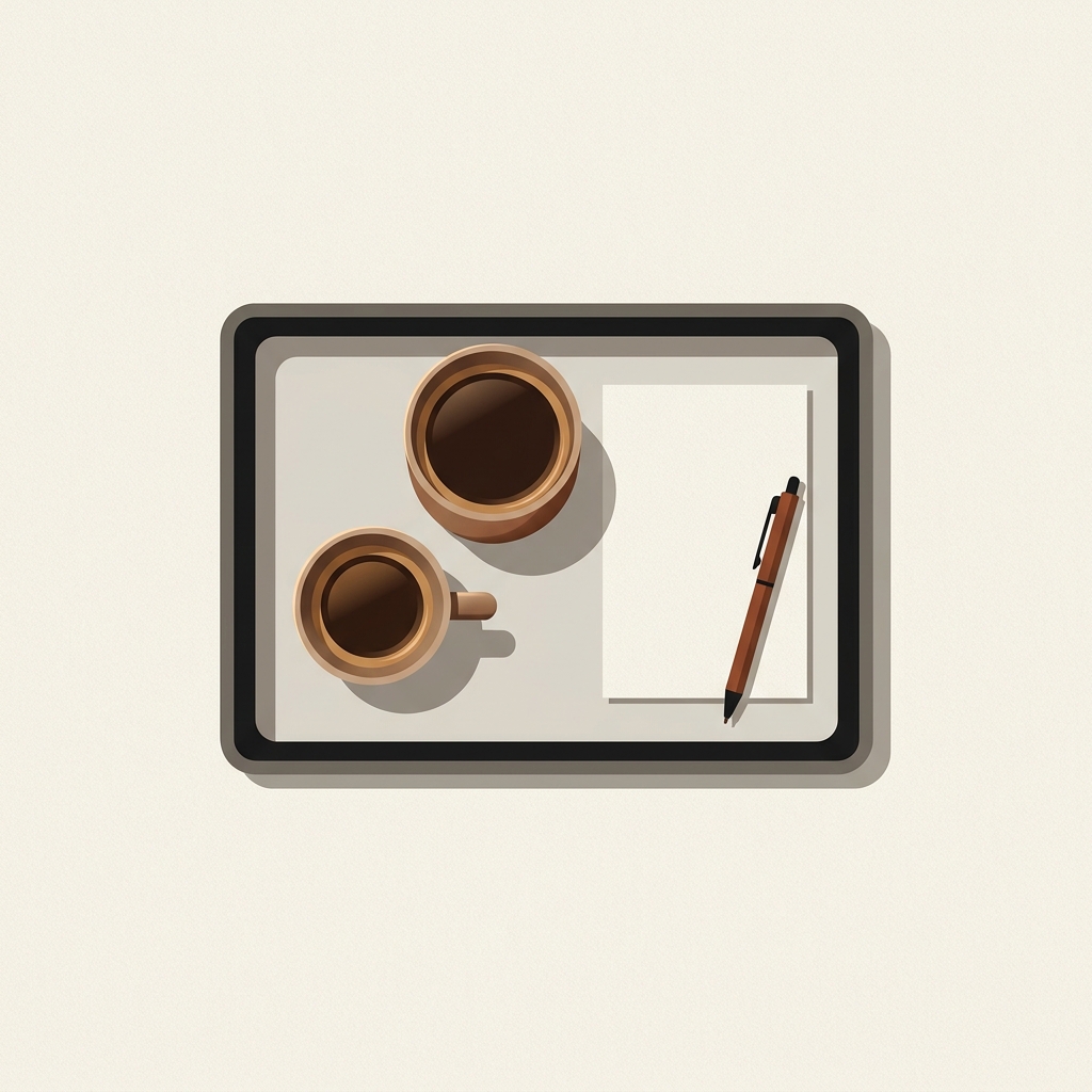 Overhead 2D vector of two finished Aeropress cups on a tasting tray with a blank notepad and pen on a pale beige Ground and Gauge style background showing aeropress coffee grind size