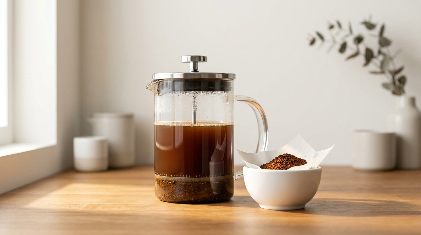 Full frame photo of a french press on a warm wooden counter with a clear carafe and a small bowl of coarse grounds on white paper showing french press coffee sediment