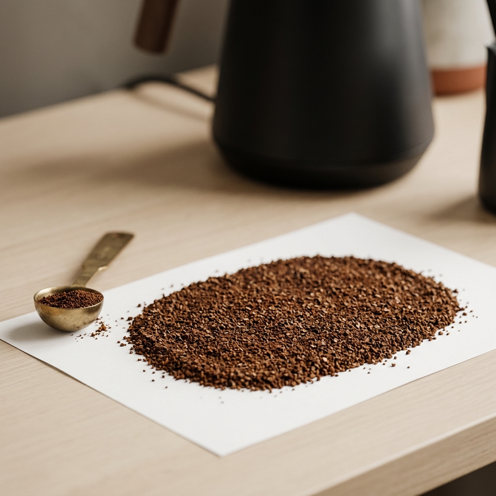 Close up of even coarse coffee grounds on white paper next to a small brass measuring spoon and a matte black burr grinder blurred in the background minimalist warm workspace showing french press coffee sediment