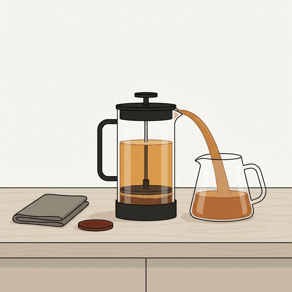 Minimal 2D vector illustration of a french press mid plunge pouring coffee into a clear glass carafe showing french press coffee sediment separating on a soft beige background with muted accents