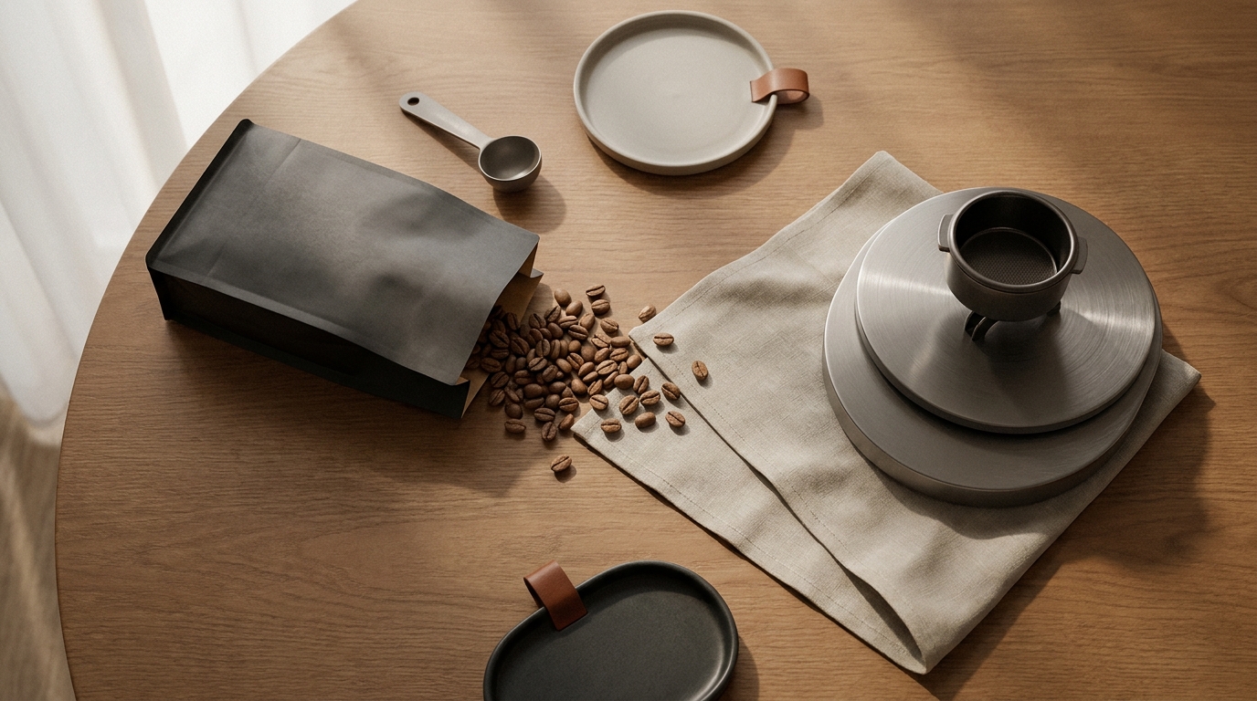 Overhead minimal scene of a bag of whole coffee beans next to a precision scale and a tamped portafilter on a warm wood surface in Ground and Gauge tones showing how to store whole coffee beans