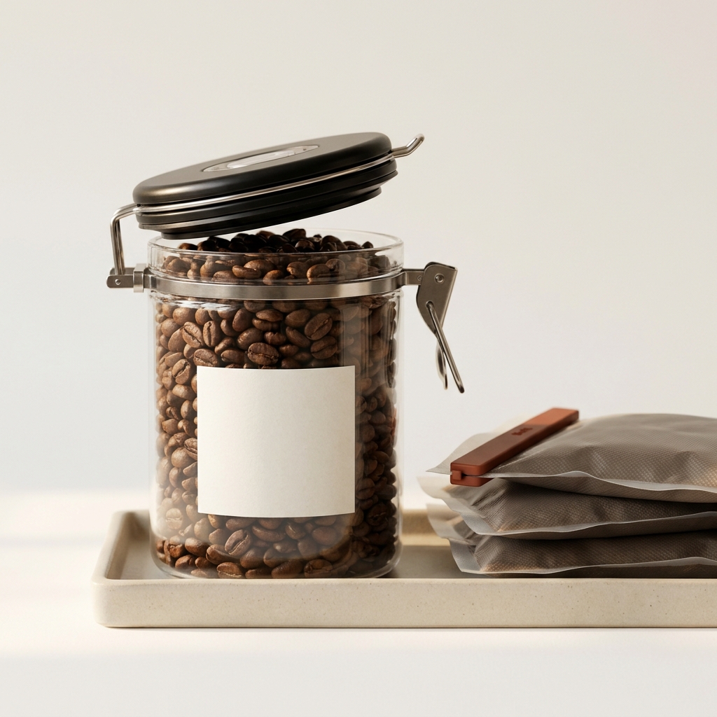 Close up of whole coffee beans in a clear airtight container with a blank label beside a small stack of vacuum sealed freezer packs on a light neutral workspace how to store whole coffee beans