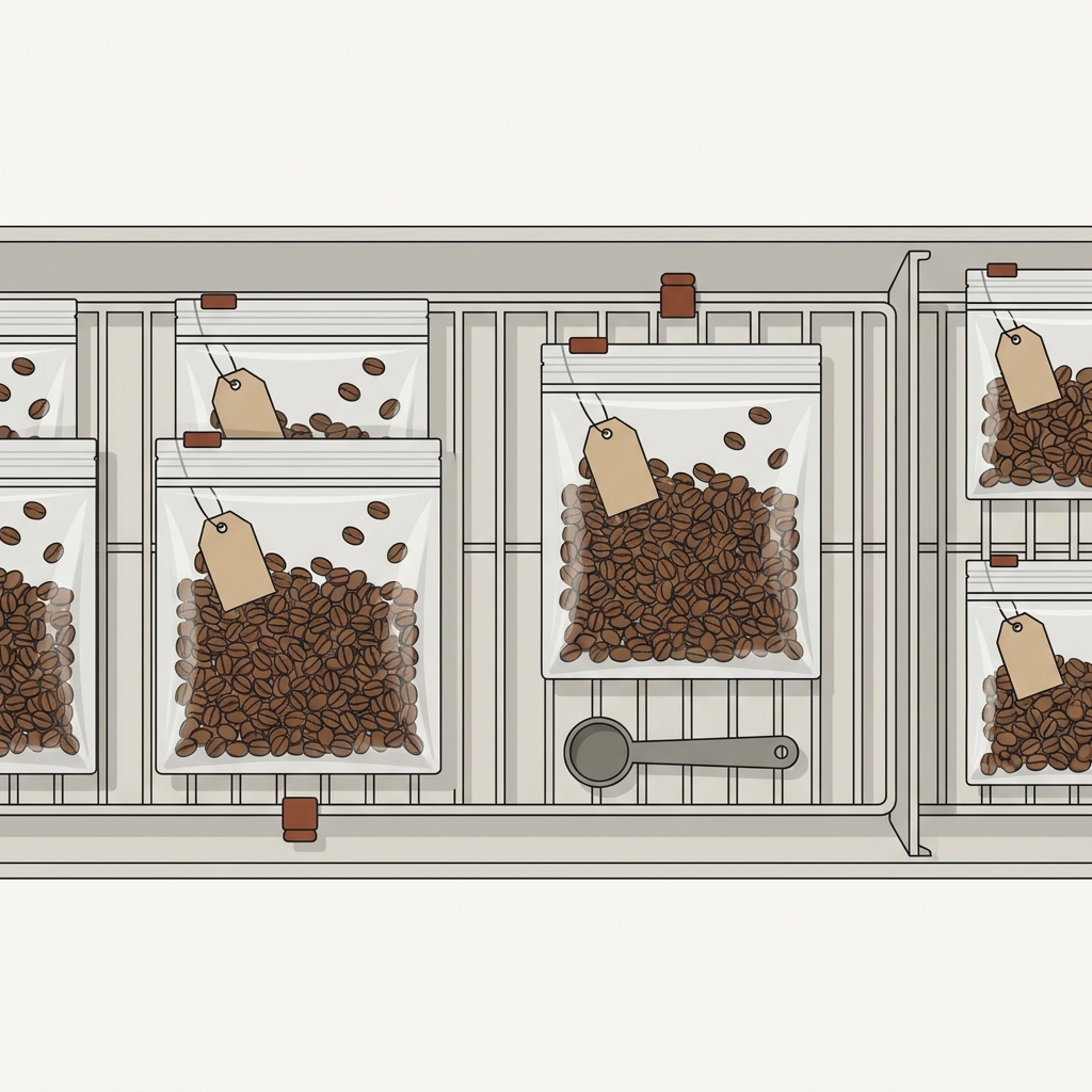 Flat lay vector illustration of portioned freezer bags filled with whole coffee beans neatly arranged on a freezer shelf with blank kraft tags and minimalist Ground and Gauge palette illustrating how to store whole coffee beans
