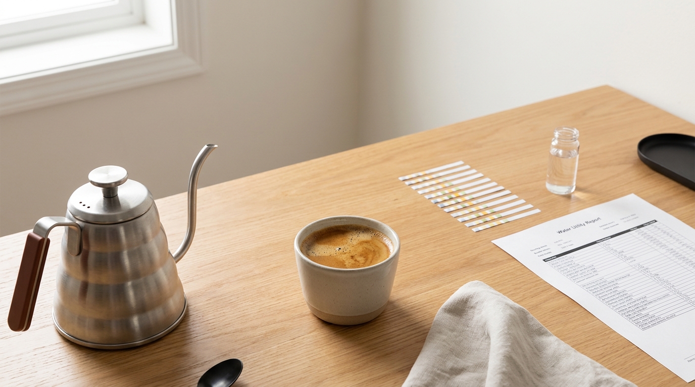 Top down minimalist photo of a cup of brewed coffee kettle test strips and a printed water utility report on a wooden table illustrating coffee water hardness brewing