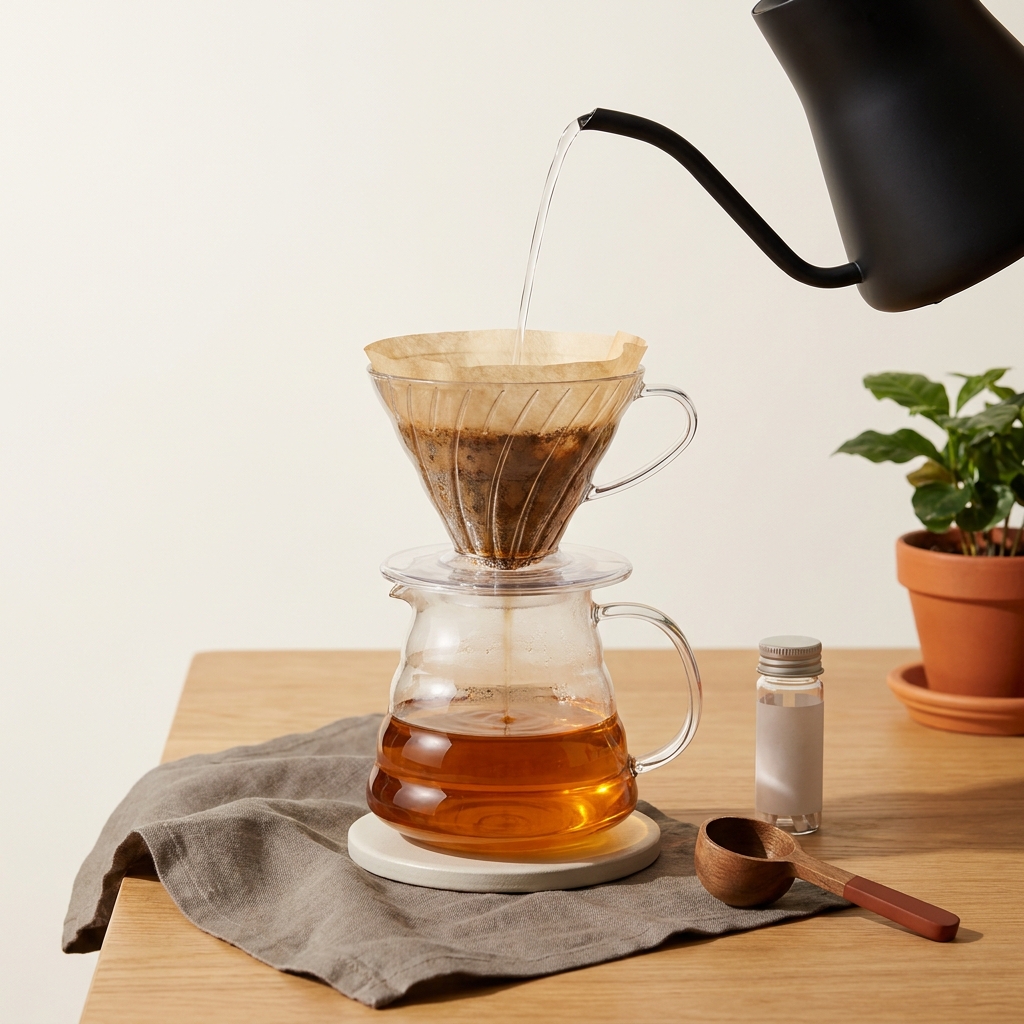 Close full frame pour over scene with clear glass carafe and dripper on a soft light background warm lighting small clear vial for mineral test strips beside carafe minimalist composition coffee water hardness brewing