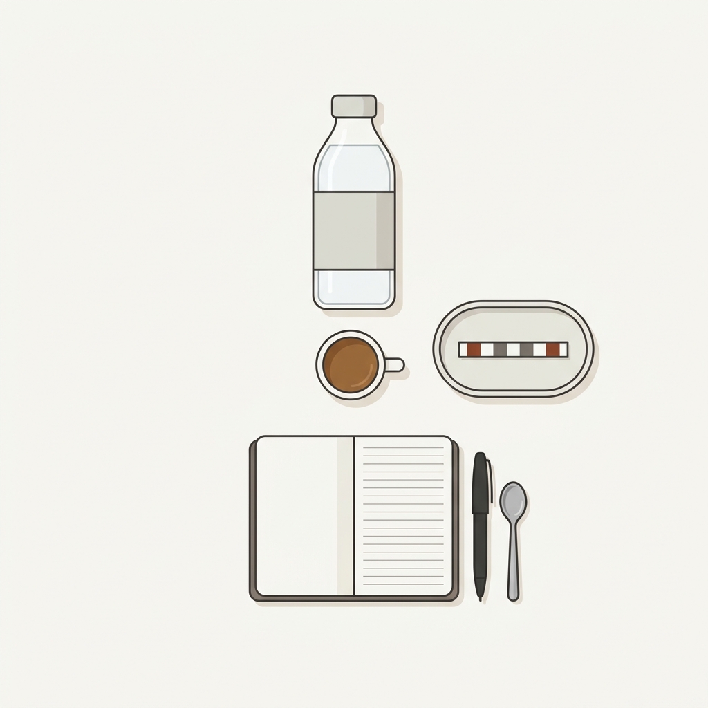 Minimalist 2D vector top down coffee workspace with a clear bottled water on a neutral label block a test strip on a ceramic tray an open tasting notebook and an espresso cup for coffee water hardness brewing