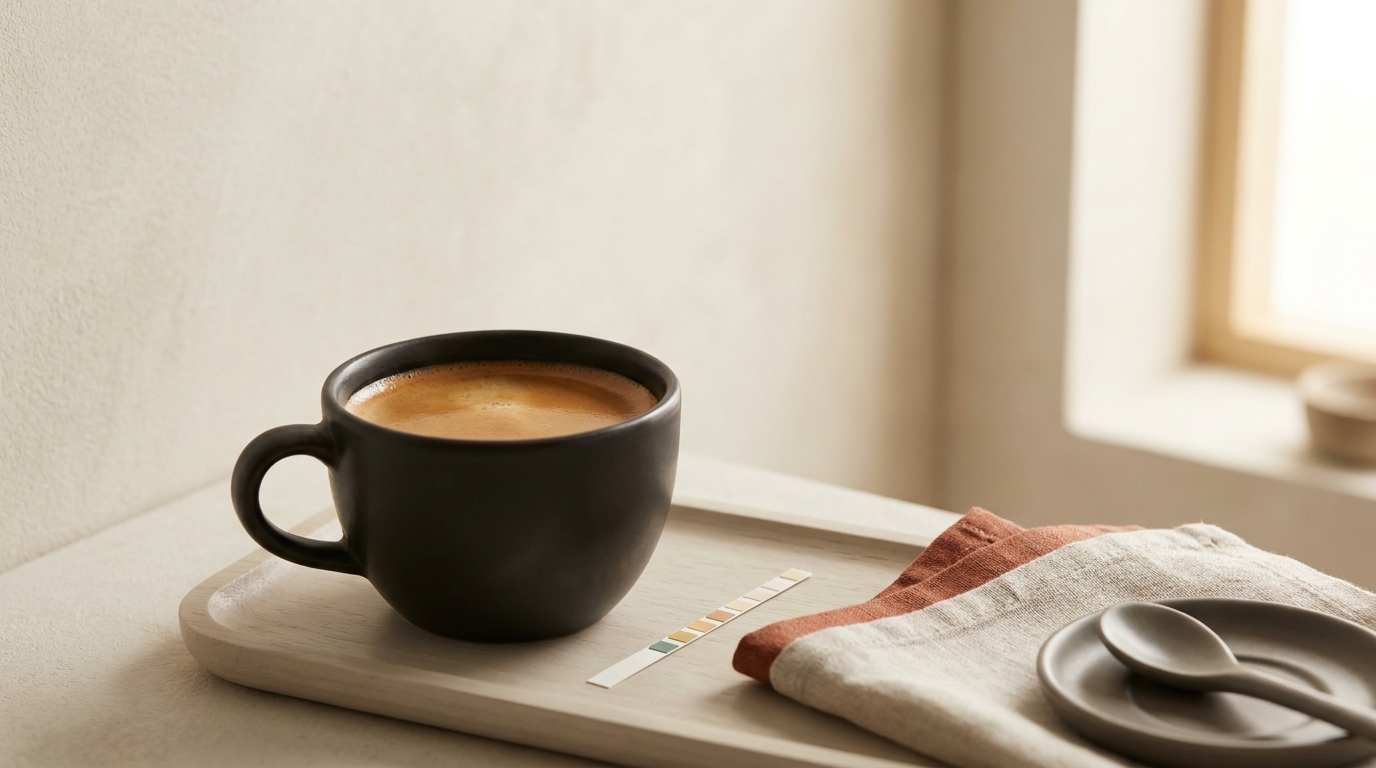 Close up editorial photo of a brewed coffee cup on a minimalist light background with a small water test strip beside it illustrating coffee water hardness brewing