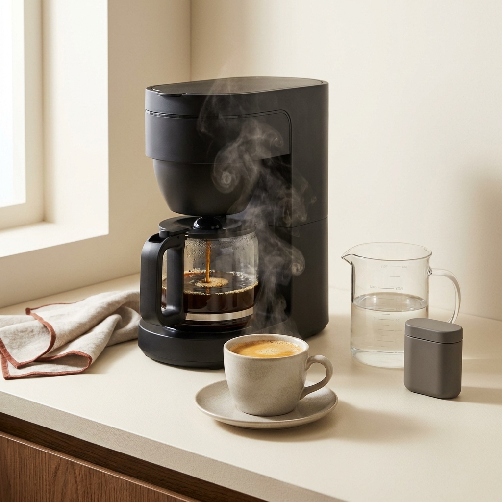 Minimalist countertop with a drip coffee machine mid brew a ceramic cup a clear measuring cup with unnumbered graduations and a small descaling container warm light coffee water hardness brewing