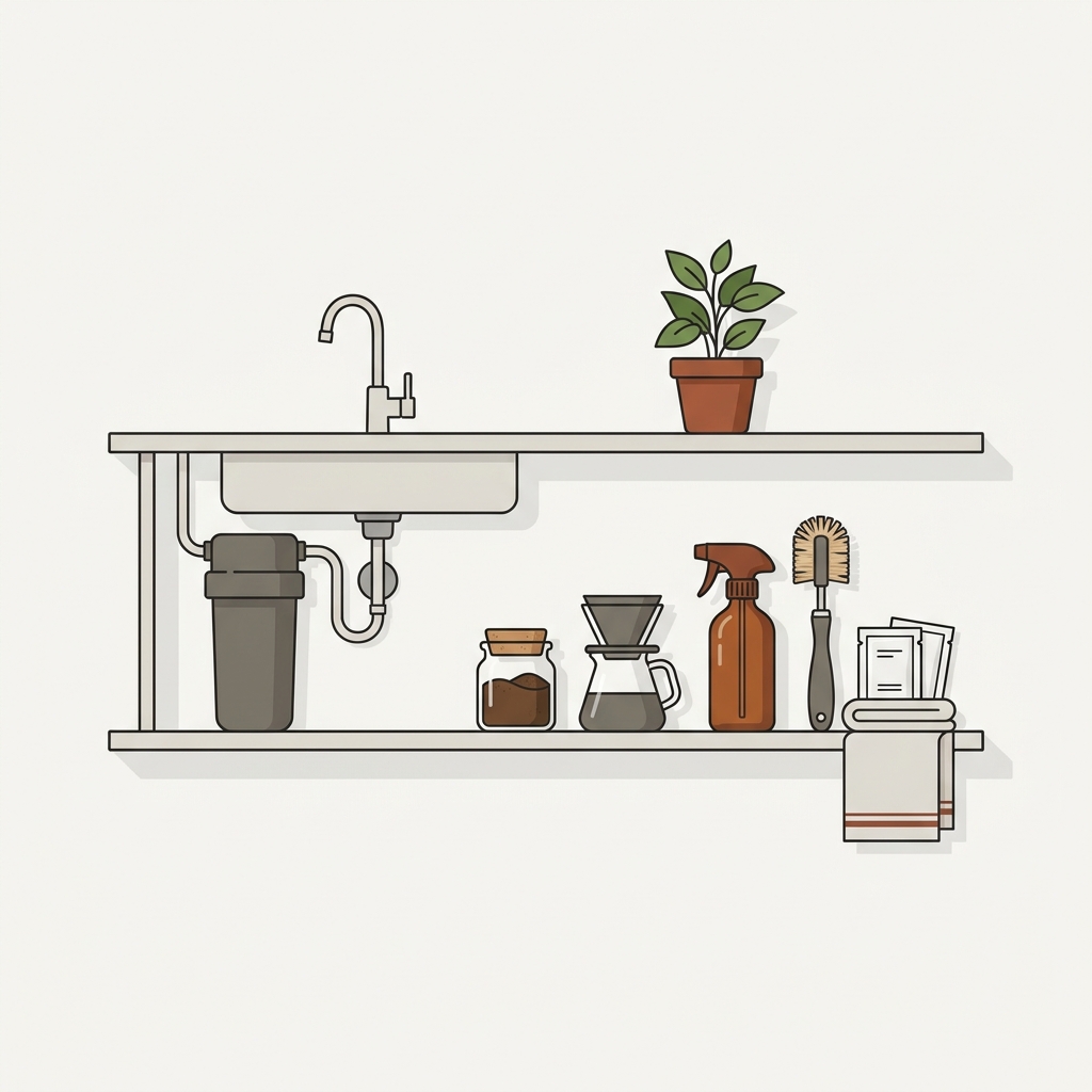 2D vector illustration of an under sink water treatment kit and a manual descaling kit on a minimalist shelf with a small jar of coffee grounds, plant and clean pale background for coffee water hardness brewing