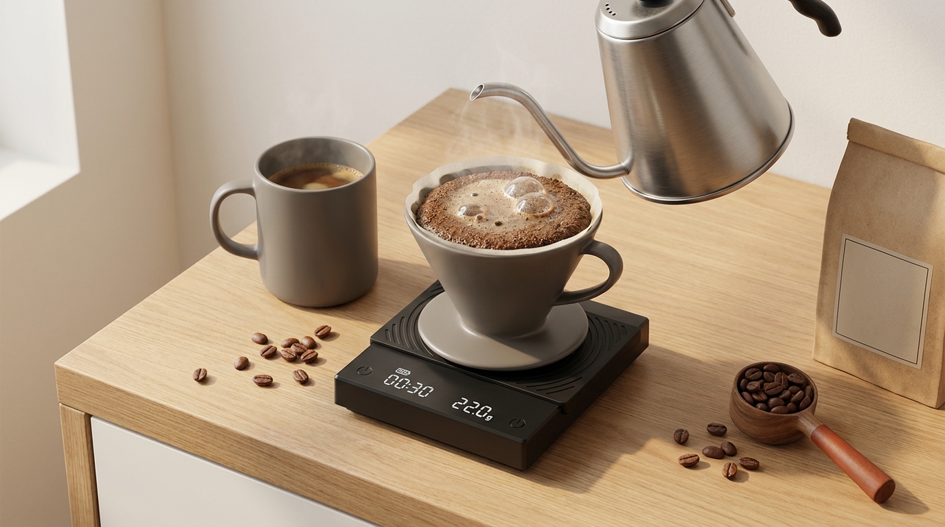 Pour-over brewer, fresh coffee beans and a roast-date bag on a worktop
