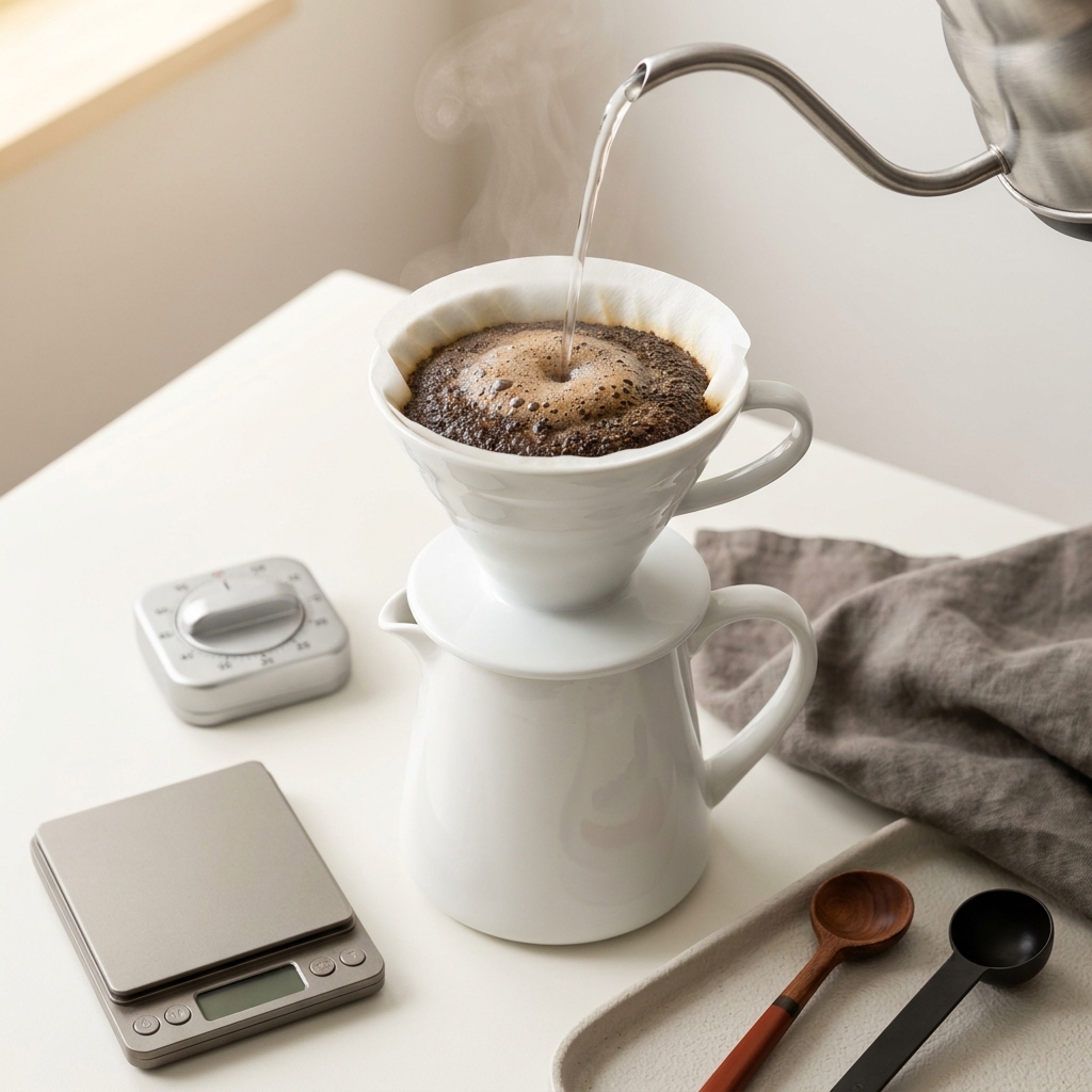 Coffee grounds blooming in a pour-over dripper