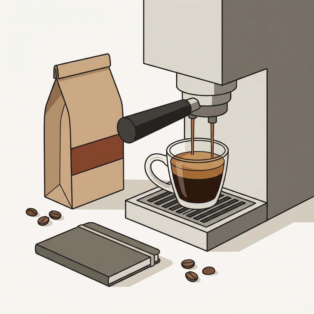Espresso beside a sealed coffee bag and a brewing notebook