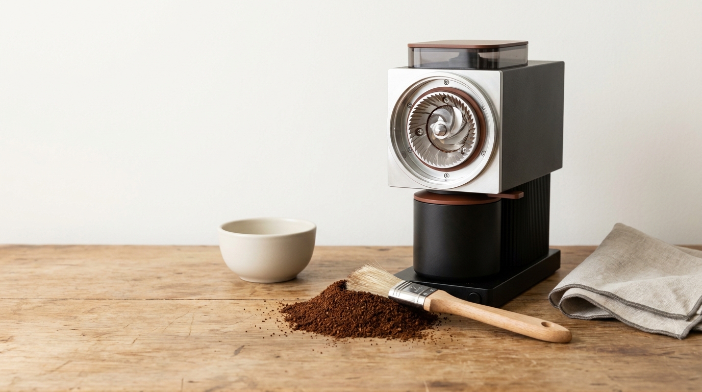 Scene with burr grinder, small pile of ground coffee and a clean brush on warm wooden surface against a soft #F8F7F3 background