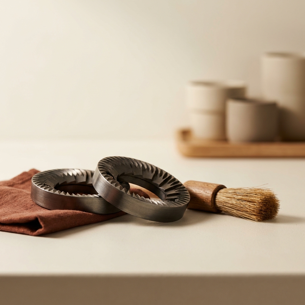 Close up of a disassembled steel burr pair and a small bristle brush on a clean counter for in a warm minimalist Ground and Gauge palette
