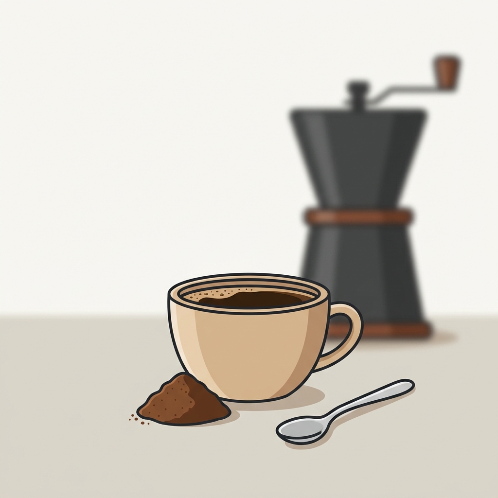 Minimal 2D vector of a ceramic cup of brewed coffee on a light tabletop after a grinder purge test with a softly blurred grinder in the background
