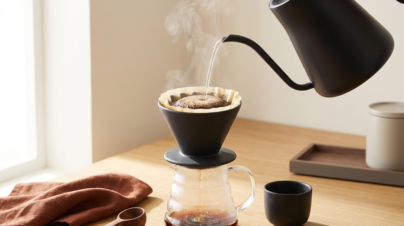 Pour over coffee workspace with steaming gooseneck kettle warmed server dripper and ceramic cup on pale background are you supposed to rinse coffee filters