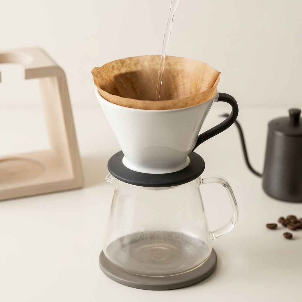 Close up of paper filter pre wet in V60 dripper with clear water flowing into warmed glass server are you supposed to rinse coffee filters