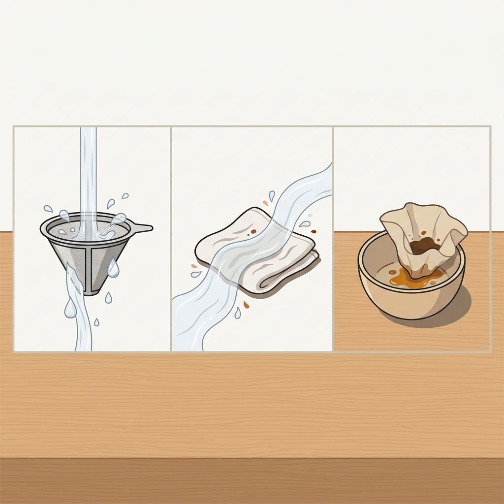 2D vector triptych of a metal filter rinsing a cloth filter being flushed and a discarded paper filter in a rinse bowl on a wooden counter are you supposed to rinse coffee filters