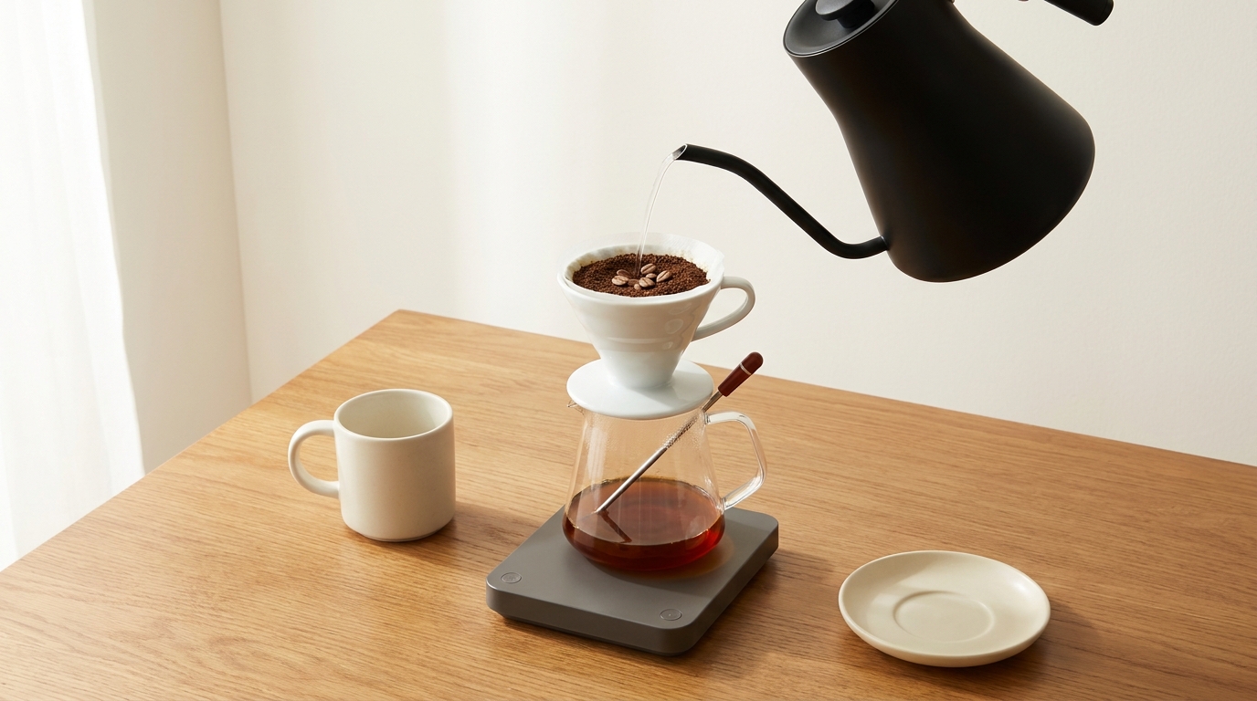 Pour over coffee setup on warm wooden surface with kettle scale and thermometer beside glass server what is the ideal water temperature for brewing coffee