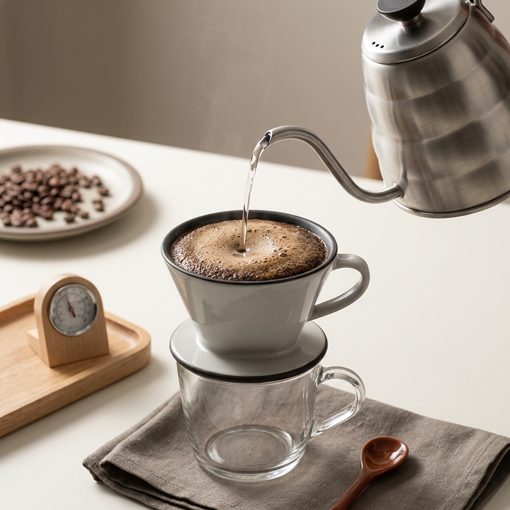 Close up of gooseneck kettle pouring into pour over dripper above clear glass cup with a thermometer nearby and beans softly blurred in background what is the ideal water temperature for brewing coffee