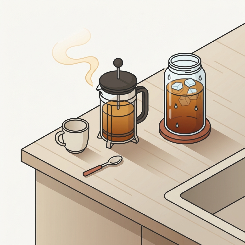 2D vector of a French press steaming beside a cold brew jar with condensation and ice on a warm kitchen countertop showing temperature contrast what is the ideal water temperature for brewing coffee